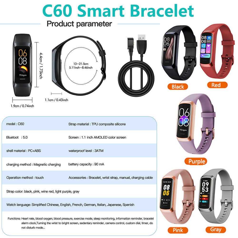 2024 Trending products sport digital smart watch AMOLED screen wearable device bracelet C60 sport wear smart watch band
